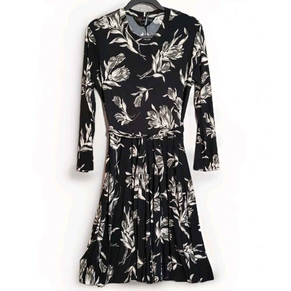 Norma Kamali KAMALIKULTURE Sz L Black Floral Print Belted Long Sleeve Dress NWT